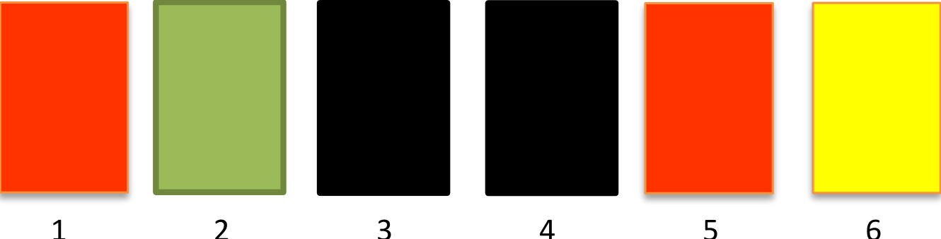 Plaques rectangulaires numérotées de 1 à 6 posées sur la table (1: rouge, 2: vert, 3: noir, 4: noir, 5: rouge, 6: jaune)