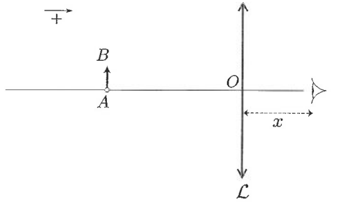 Schéma de la loupe : un objet transversal AB (flèche B au-dessus de A) placé à gauche sur l'axe optique ; la lentille mince L de centre O est verticale ; l'oeil de l'observateur est placé à droite, à la distance x derrière la lentille ; une flèche horizontale marquée + en haut à gauche indique le sens positif, vers la droite (sens de propagation de la lumière).