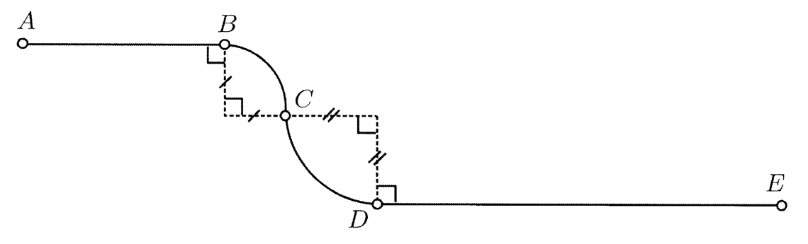 Piste vue de dessus : segment rectiligne horizontal AB, puis quart de cercle BC et quart de cercle CD de courbures opposées (centres et rayons tracés en pointillés avec angles droits, les deux rayons de CD marqués d'un double trait, ceux de BC d'un trait simple), raccordé en D à un long segment rectiligne horizontal DE.