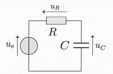 Circuit série : générateur de tension u_e, résistor R (tension u_R) et condensateur C (tension u_C).
