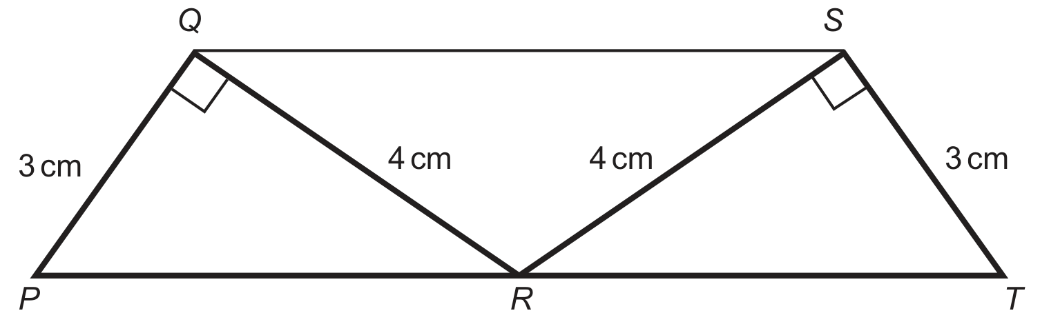 Two congruent right-angled triangles standing on the straight line P R T, meeting at the shared vertex R in the middle of that line. The left triangle has vertices P, Q and R, with Q above the line; its right angle at Q is marked with a small square, side PQ is labelled 3 cm and side QR is labelled 4 cm. The right triangle has vertices T, S and R, with S above the line; its right angle at S is marked with a small square, side TS is labelled 3 cm and side SR is labelled 4 cm. A horizontal segment joins Q to S across the top of the figure. The paper states that the diagram is not to scale.