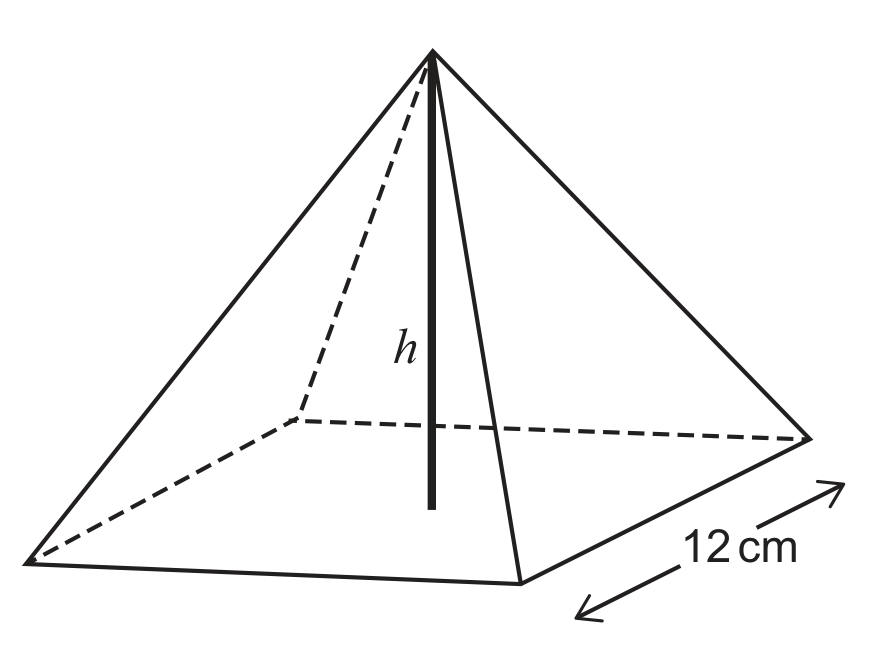 A square-based pyramid drawn in perspective, with the hidden back edges of the base shown as dashed lines. A thick vertical segment runs from the apex down to the centre of the base and is labelled h. One edge of the square base is marked with a double-headed arrow and labelled 12 cm. The paper states that the diagram is not to scale.