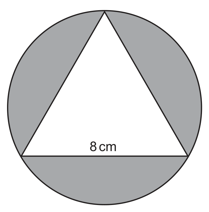 A circle with an equilateral triangle inscribed in it, the three vertices of the triangle lying on the circumference. One vertex is at the top and the opposite side is horizontal near the bottom of the circle; that horizontal side is labelled 8 cm. The three circular segments between the sides of the triangle and the arcs of the circle are shaded grey, while the inside of the triangle is left white.