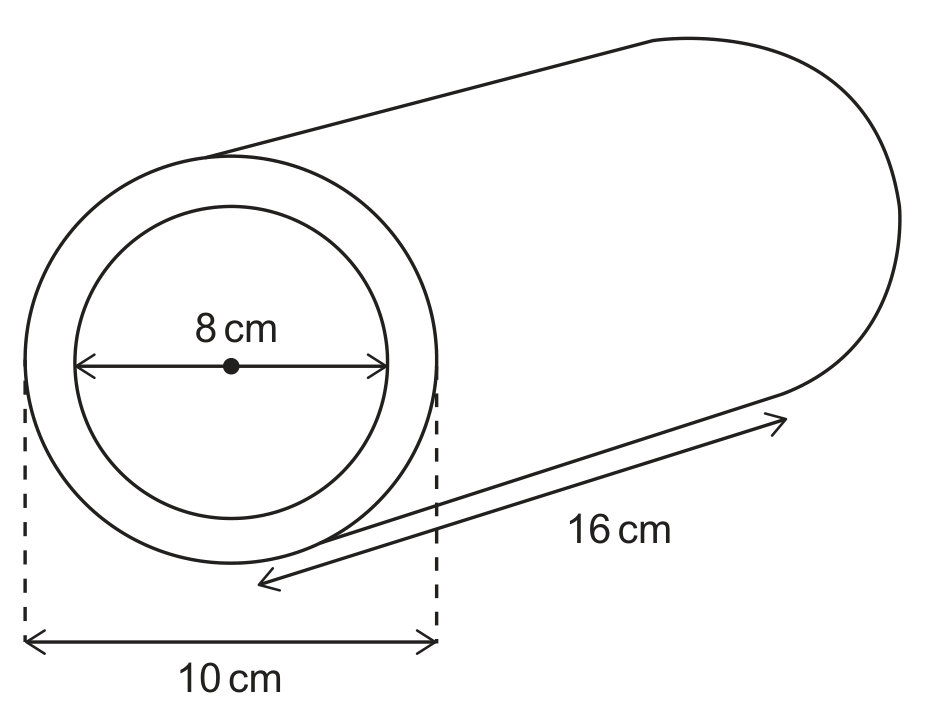A hollow cylindrical pipe drawn in perspective, its axis running from the lower left to the upper right so that one circular end faces the reader on the left. That end is drawn as two concentric circles, the outer one the outside of the pipe and the inner one the bore, with the centre marked by a small dot. A double-headed arrow across the inner circle is labelled 8 cm. Two dashed vertical lines drop from the sides of the outer circle to a double-headed horizontal arrow below, labelled 10 cm. A double-headed arrow drawn along the length of the pipe is labelled 16 cm. No other measurement is marked. The paper states that the diagram is not to scale.