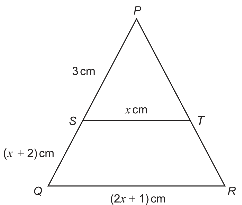 A triangle with apex P at the top, Q at the bottom left and R at the bottom right, standing on the horizontal side QR. The point S lies on the side PQ and the point T lies on the side PR, and S and T are joined by a horizontal segment parallel to QR. The upper part of the left side, from P to S, is labelled 3 cm; the lower part, from S to Q, is labelled (x + 2) cm. The segment ST is labelled x cm, written just above it, and the base QR is labelled (2x + 1) cm, written just below it. The paper states that the diagram is not to scale.