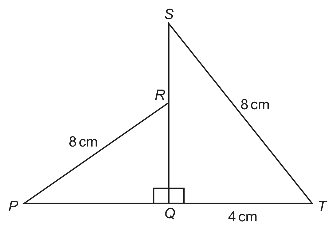 A triangle drawn on a horizontal base running from P at the left to T at the right. The point Q lies on that base between P and T, and a vertical segment rises from Q to the apex S at the top; two small squares sit at Q, one on each side of that vertical segment, marking the right angles there. A point R is marked on the segment SQ a little below S, and a straight segment joins P to R. The segment PR is labelled 8 cm, the segment ST is labelled 8 cm, and the part of the base between Q and T is labelled 4 cm. The paper states that the diagram is not to scale.