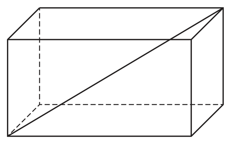 A cuboid drawn in perspective, longer from left to right than it is tall or deep. The three edges hidden behind the solid are drawn as dashed lines and the visible edges as solid lines. A single straight line is drawn inside the solid from the bottom front left vertex to the top back right vertex, the longest diagonal of the cuboid. No lengths or angles are marked on the drawing.