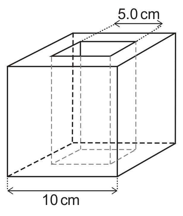 A 3D perspective diagram of a cube of side 10 cm, with a straight hole of square cross-section (side 5.0 cm) cut through it from the top face to the opposite (bottom) face, shown with dashed lines marking the hidden edges of the hole inside the block.