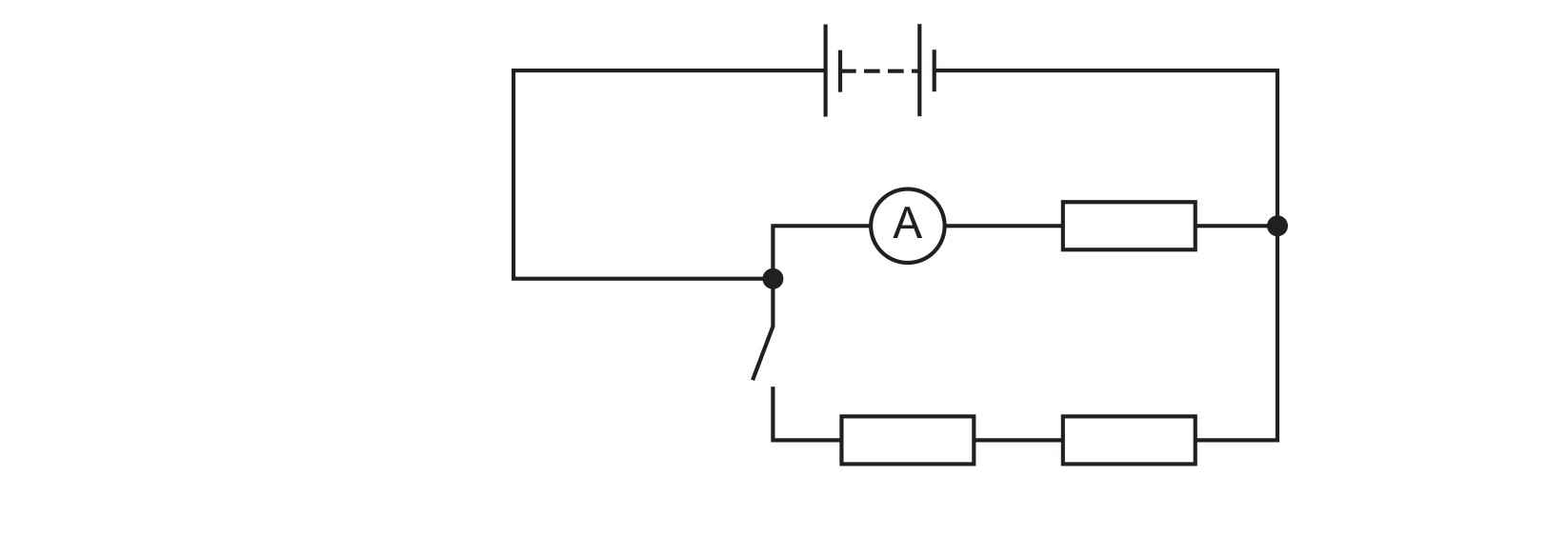 A circuit diagram: a battery at the top connects down both sides to two horizontal branches in parallel between a left node and a right node. The top branch contains an ammeter (A) in series with one resistor. The bottom branch contains two resistors in series, with a switch (drawn open, a diagonal line with a gap) between the left node and the first resistor of that branch.