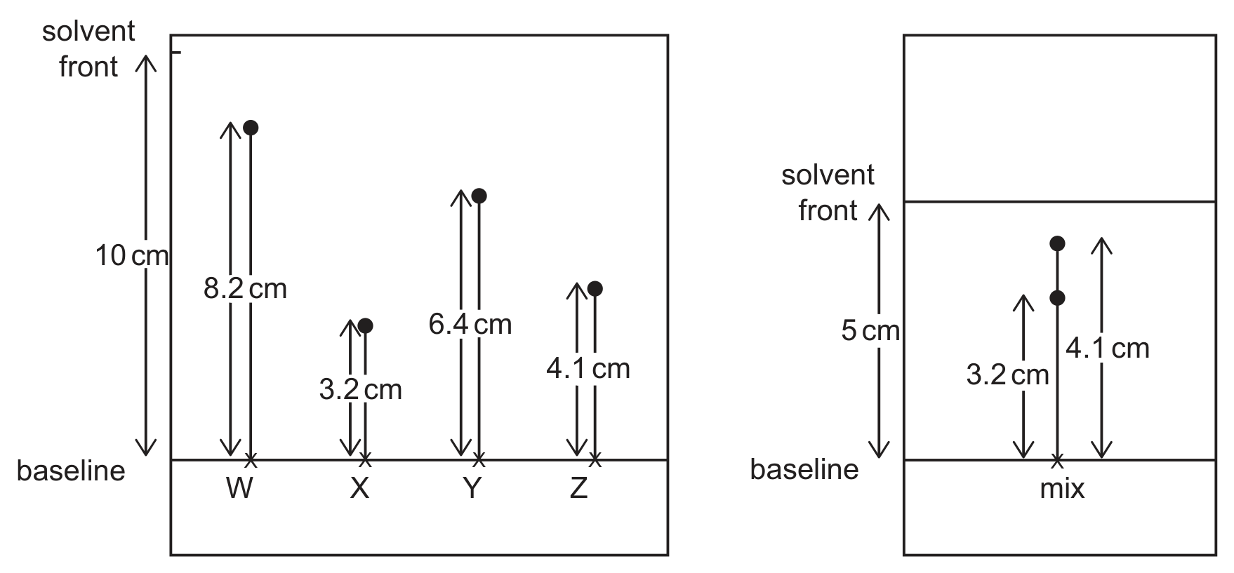Two paper chromatograms drawn side by side as tall rectangles. In the left one, four spots labelled W, X, Y and Z were placed on a baseline and the solvent front is 10 cm above the baseline. The spots moved 8.2 cm (W), 3.2 cm (X), 6.4 cm (Y) and 4.1 cm (Z) up the paper, each distance marked with a double-headed arrow. In the right one, a single sample labelled mix was placed on the baseline, the solvent front is 5 cm above the baseline, and two spots appear at 3.2 cm and 4.1 cm above the baseline. The paper states that the diagram is not to scale.
