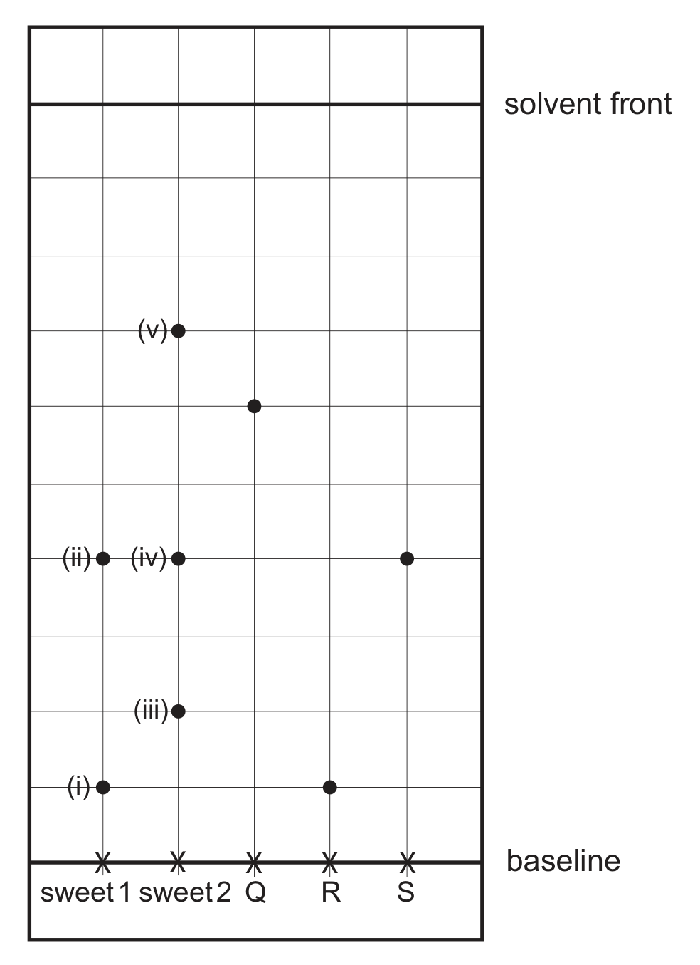 A paper chromatogram drawn as a tall rectangle on a square grid. A horizontal line near the bottom is labelled baseline and a horizontal line near the top is labelled solvent front, ten grid divisions above the baseline. Five starting positions on the baseline are marked with crosses and labelled, from left to right, sweet 1, sweet 2, Q, R and S. Sweet 1 shows two spots, labelled (i) one division above the baseline and (ii) four divisions above it. Sweet 2 shows three spots, labelled (iii) two divisions up, (iv) four divisions up and (v) seven divisions up. Q shows a single spot six divisions up, R a single spot one division up and S a single spot four divisions up.
