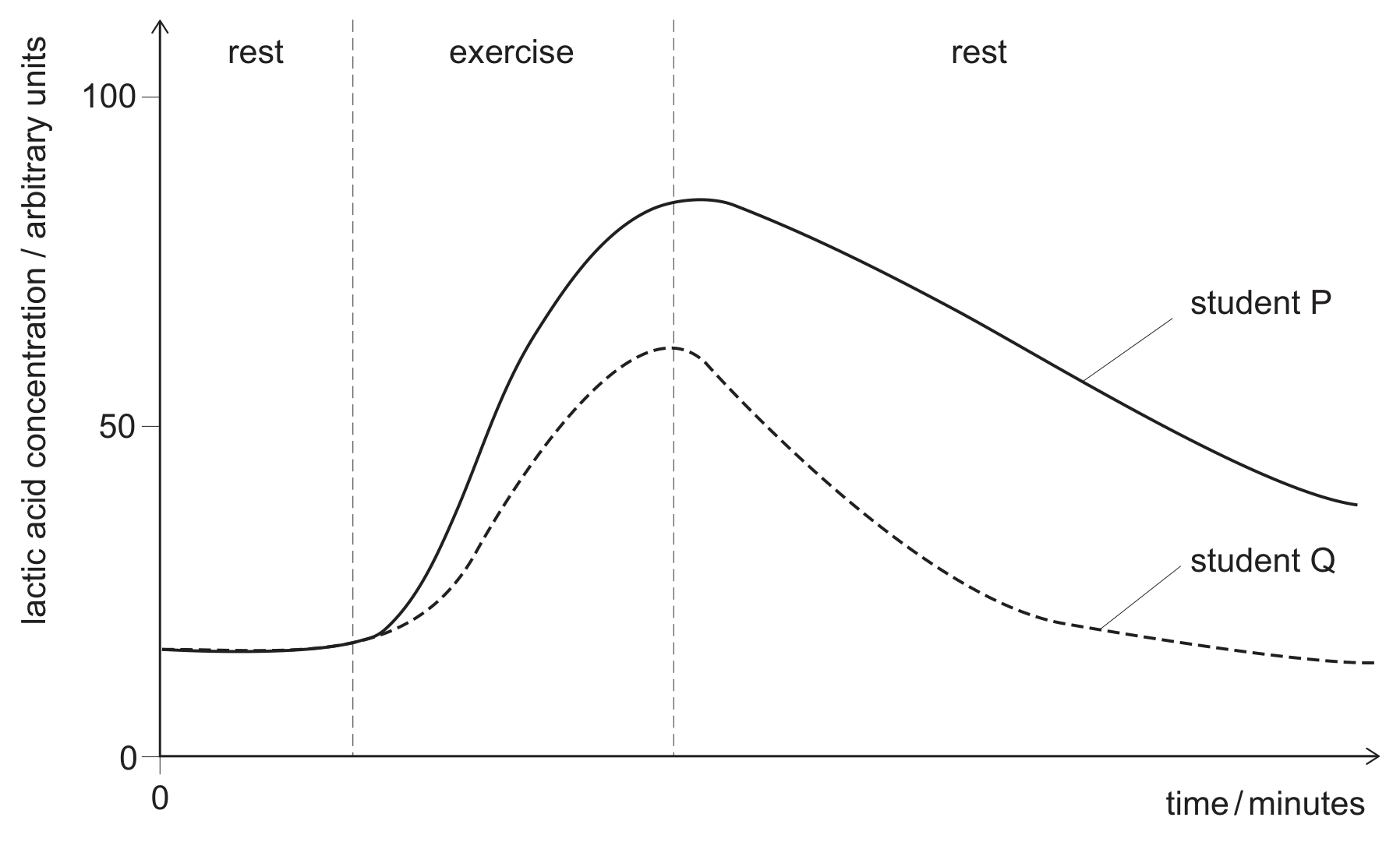 A graph of lactic acid concentration in arbitrary units (y-axis, marked 0, 50 and 100) against time in minutes. Vertical dashed lines divide the time into rest, exercise and rest. Two curves start at the same low resting level: student P (solid line) rises steeply during exercise to a peak of about 85 at the end of the exercise period and then falls slowly, still at about 40 at the right-hand edge; student Q (dashed line) rises to a lower peak of about 60 and falls back quickly to near the resting level.