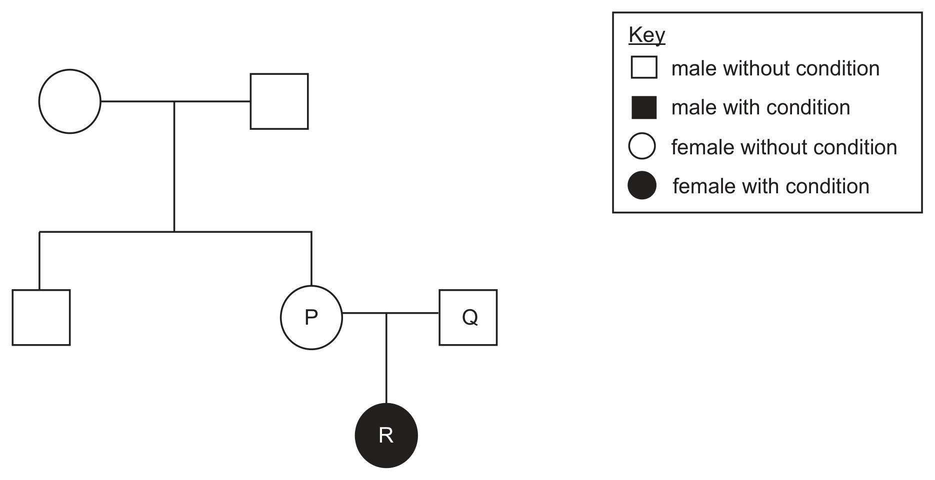 A family tree with a key: open square male without condition, filled square male with condition, open circle female without condition, filled circle female with condition. An unaffected female and an unaffected male at the top have two children: an unaffected male and an unaffected female labelled P. P is joined to an unaffected male labelled Q, and their child is an affected female, a filled circle labelled R.