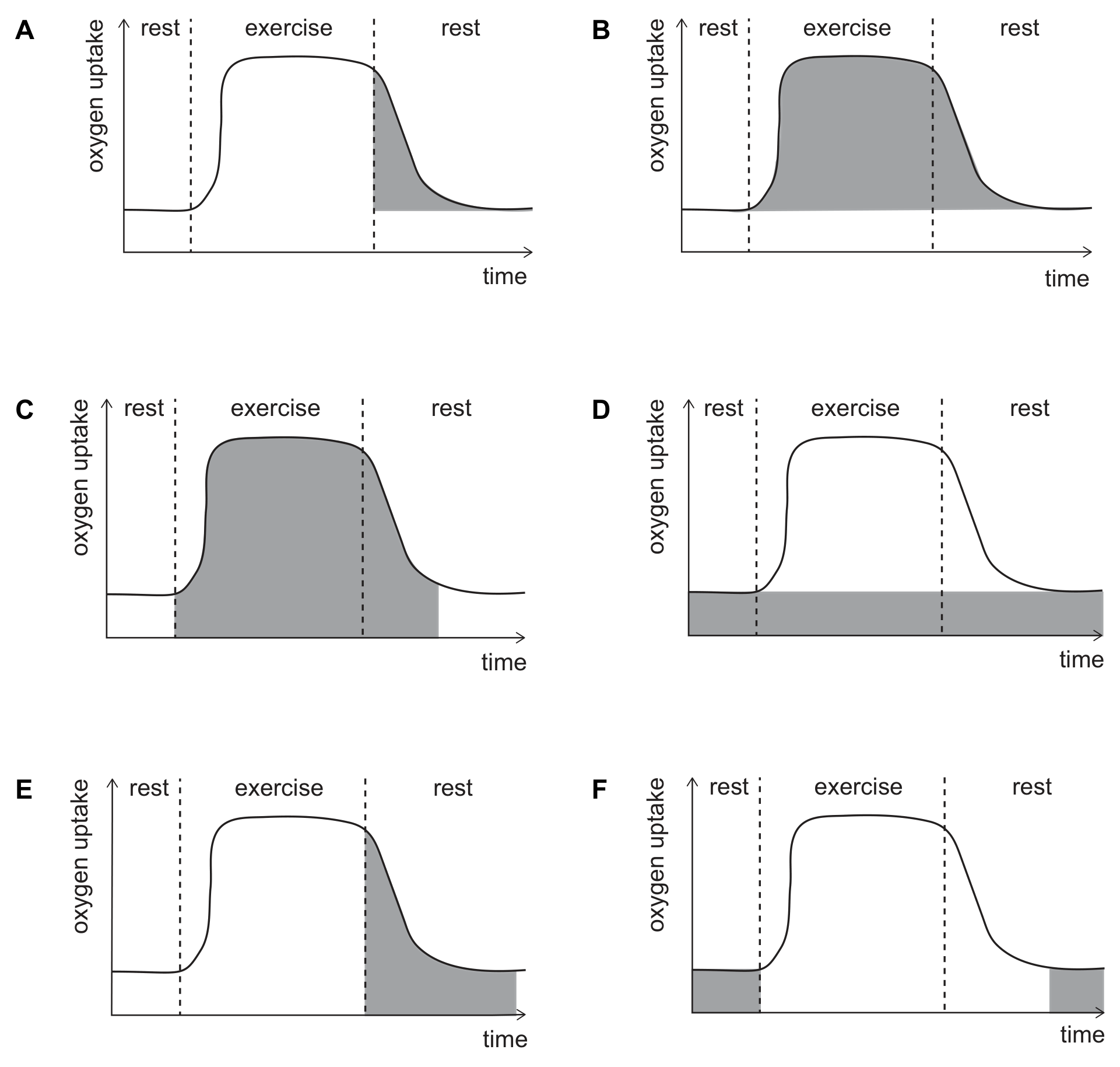 Six identical graphs, labelled A to F, of oxygen uptake against time, each divided by dashed lines into rest, exercise and rest; the curve rises steeply from a low resting level at the start of the exercise, stays high, and falls back gradually to the resting level after the exercise ends. The shaded areas differ: A, the region between the falling curve and the resting level after the exercise; B, the whole region between the curve and the resting level from the start of the exercise to the end of recovery; C, the whole region under the curve from the start of the exercise to the end of recovery; D, a horizontal strip below the resting level across the whole graph; E, the whole region under the curve after the exercise ends; F, the regions below the resting level before the exercise and after recovery.