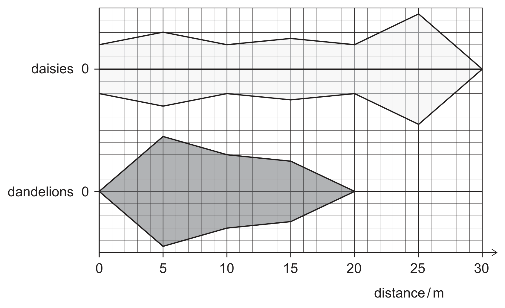 A kite diagram on a square grid against distance in metres (x-axis, 0 to 30). The upper kite, daisies, is symmetrical about a horizontal axis marked daisies 0: it is about 2 squares wide on each side at 0 m, 3 at 5 m, 2 at 10 m, 2.5 at 15 m, 2 at 20 m, 4 at 25 m and closes to zero at 30 m. The lower kite, dandelions, shaded grey and symmetrical about an axis marked dandelions 0, starts from zero at 0 m, is 4.5 squares wide on each side at 5 m, 3 at 10 m, 2.5 at 15 m and closes to zero at 20 m, with nothing beyond.